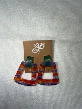 Plunder Multicolor Striped Geometric Drop Earrings with Green Top